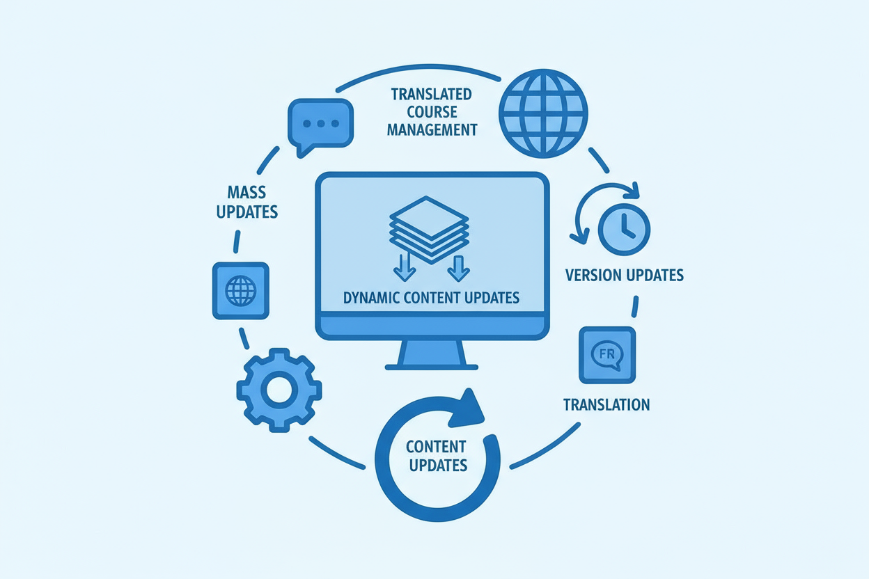Diagram showing dynamic content updates with translation, versioning, and course management.